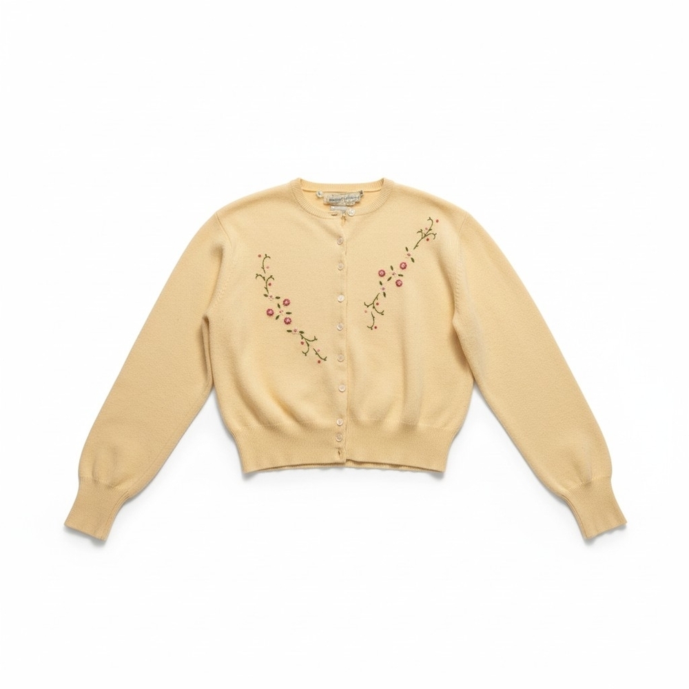 Vintage Newport of Canada Hand-Embroidered Cardigan – Fur Blend – Floral Knit